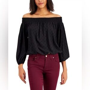 Tommy Hilfiger Black Off-the-Shoulder Puff Sleeve Polka Dot Top Women’s Size M